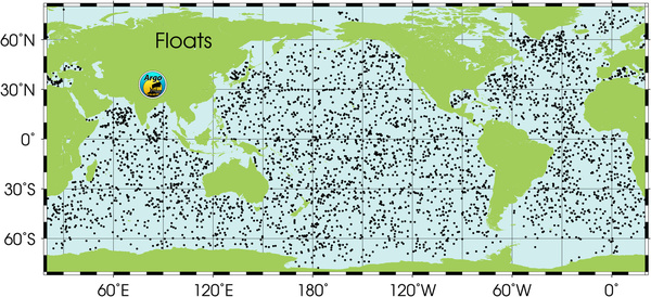 Positions of the floats that have delivered data within the last 30 days